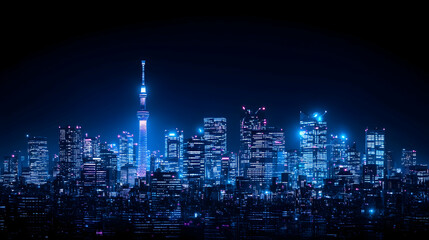 Fototapeta premium Vibrant nighttime cityscape panorama, illuminated skyscrapers and a prominent tower