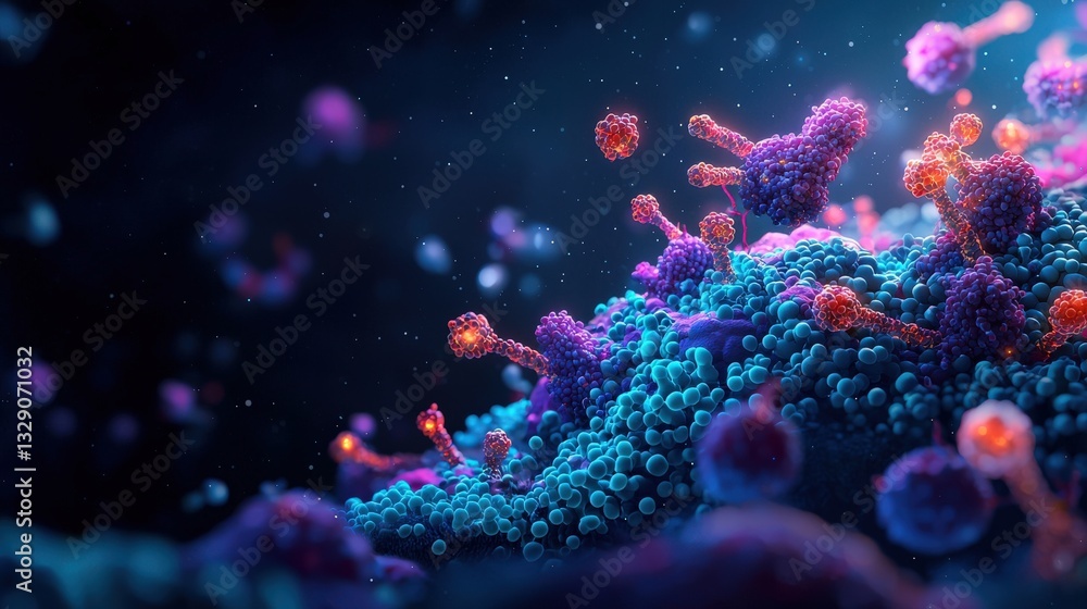 Aufkleber a colorful, microscopic view of viruses interacting with a cell surface, showcasing intricate detail