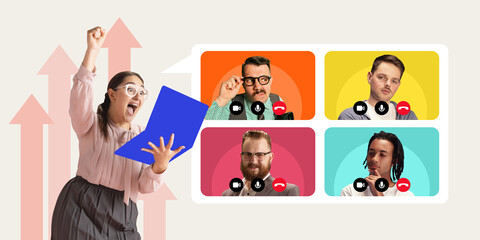 Business success. Woman celebrating business achievement during virtual meeting with executives, discussing growth, breakthrough ideas. Concept of motivation, teamwork, goal achievement.