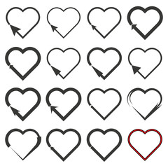Heart arrow icon. Cursor direction symbol. Romantic click vector. Black outline shape.
