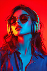Fashionable Woman Listening to Music with Headphones Under Red Neon Studio Light