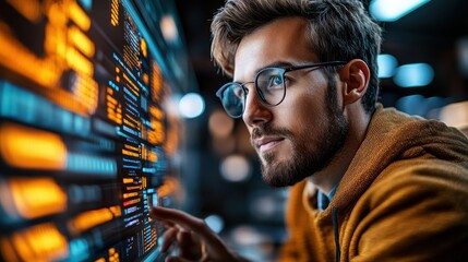 Focused programmer interacting with luminous display