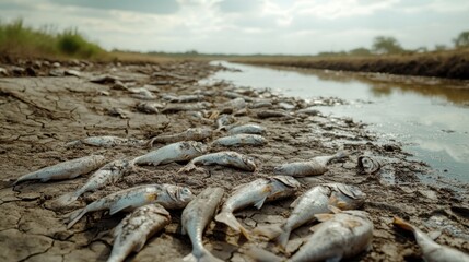 A riverbed lies parched and cracked, revealing the ecological impact of drought as numerous dead fish are strewn across the barren ground, highlighting environmental concerns.