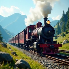Obraz premium Vintage steam locomotive in mountainous terrain, heritage, forest