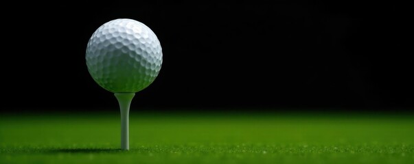 White golf ball sits atop tee, stark black background, photography, texture, golf ball