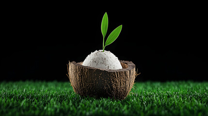 White sphere nestled in coconut shell, sprouting tiny leaves, set against a dark green lawn
