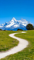 Fototapeta premium Winding path leads to snow-capped mountains under a vibrant blue sky
