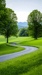 Fototapeta premium Winding road through lush green fields and trees, leading to distant mountains under a soft sky