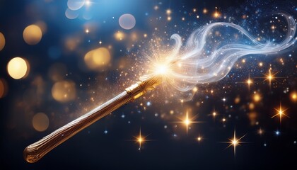 A magic wand glowing with a soft, ethereal light, surrounded by faint sparkles in the air, radiating an aura of mystical energy, as if ready to cast a powerful spell