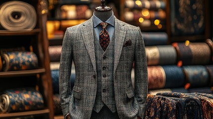 Fototapeta premium A grey checked suit, vest, shirt, and tie, displayed on a mannequin in a traditional tailor shop, showcases high quality bespoke fashion against a background of colorful fabric rolls.