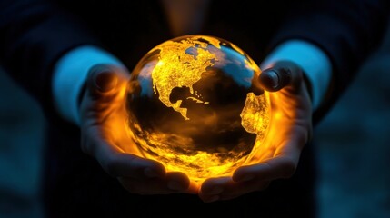 Fototapeta premium A person holds a glowing, fiery globe representing Earth, symbolizing global awareness and environmental concern.