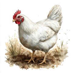 Watercolor chicken illustration isolated on white background, Farm animals