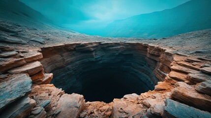 Exploring mysterious sinkhole remote mountain area landscape barren environment aerial view natural wonder