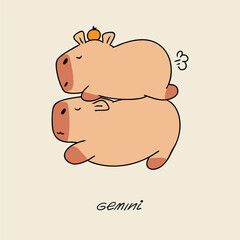 Cute capybara zodiac sign Gemini. Trendy vector illustration.
