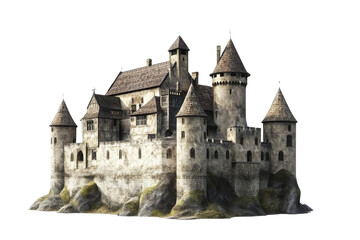 Fototapeta premium Fantasy medieval castle with stone towers and red roofs