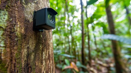 Camera mounted on a tree in a lush green rainforest, capturing wildlife activity in nature