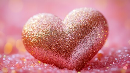 Fototapeta premium A heart shape, formed from golden glitter on a pink background, creates a festive, romantic atmosphere perfect for Valentine's Day, Mother's Day, or spring celebrations.