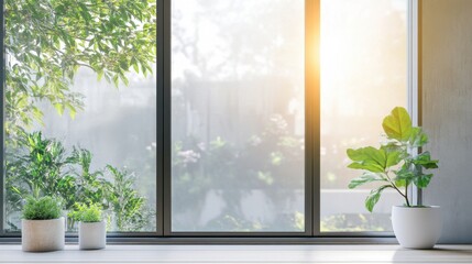 A smart glass window, modern building with windows adjusting opacity based on sunlight, Home-tech style
