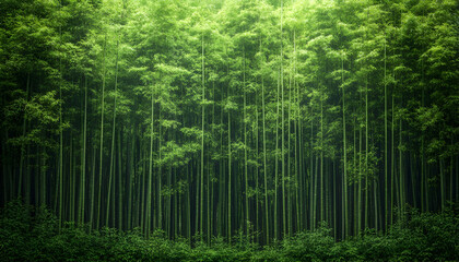 Lush green bamboo forest, dense stalks, tranquil atmosphere