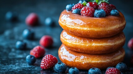 Fresh glazed doughnuts stacked high with berries