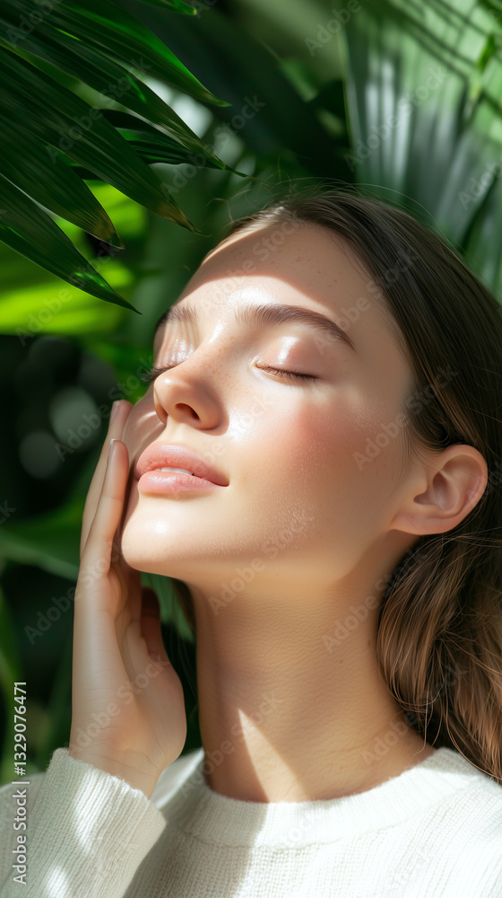 Poster woman with closed eyes enjoys sunlight filtering through leaves, creating serene and natural atmosph