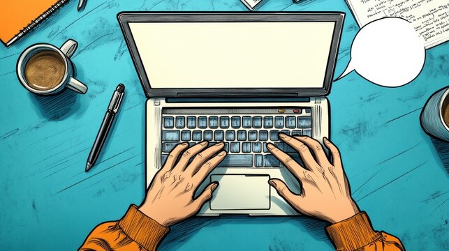 Overhead View of Hands Typing on Laptop, Teal Desk, Comic Book Style