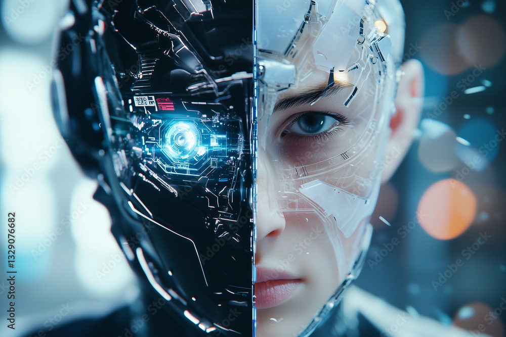 Poster futuristic cyberpunk character with divided face, half human and half robotic, showcasing intricate 