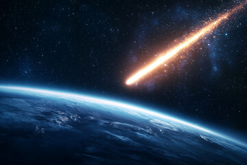 Fototapeta premium fiery comet streaks across starry night sky, heading towards Earth with trail of bright orange flames, creating dramatic and intense cosmic scene