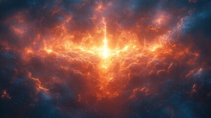 Fototapeta premium Fiery cosmic cloud formation with bright light emanating from its center, resembling a celestial event or phenomenon.