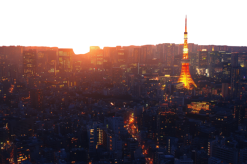 Tokyo Towers Golden Sunset Embrace A Breathtaking Cityscape Bathed In Warm, Fading Sunlight, Casting A Magical Glow On The Iconic Tower And Sprawling Metropolis Below Isolated on Transparent Backgroun