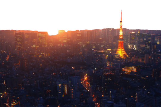 Tokyo Towers Golden Sunset Embrace A Breathtaking Cityscape Bathed In Warm, Fading Sunlight, Casting A Magical Glow On The Iconic Tower And Sprawling Metropolis Below Isolated on Transparent Backgroun - Powered by Adobe