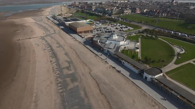 Marine Hall Fleetwood aerial view with Fitness and swimming arena on a sunny day. Lancashire, UK.
