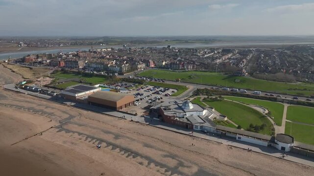 The Fleetwood Peninsula with Marine Hall and Fitness Centres below. View over the Town and to the River Wyre. Lancashire, UK.