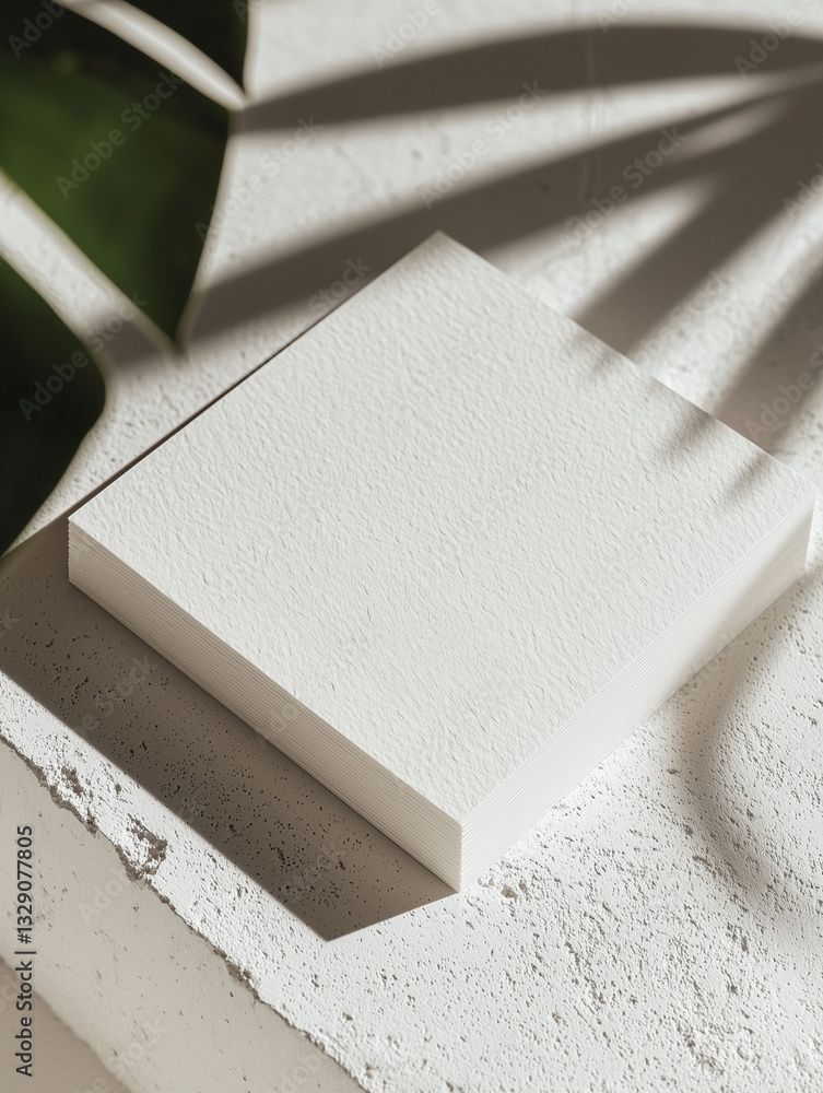 Poster stack of textured white paper sits on concrete surface, with shadows of leaves creating natural pattern. minimalist design emphasizes simplicity and elegance