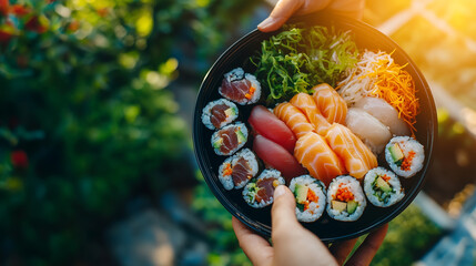 person holds plate of assorted sushi, including rolls and nigiri, in garden setting with sunlight illuminating scene. vibrant colors of sushi contrast with greenery in background