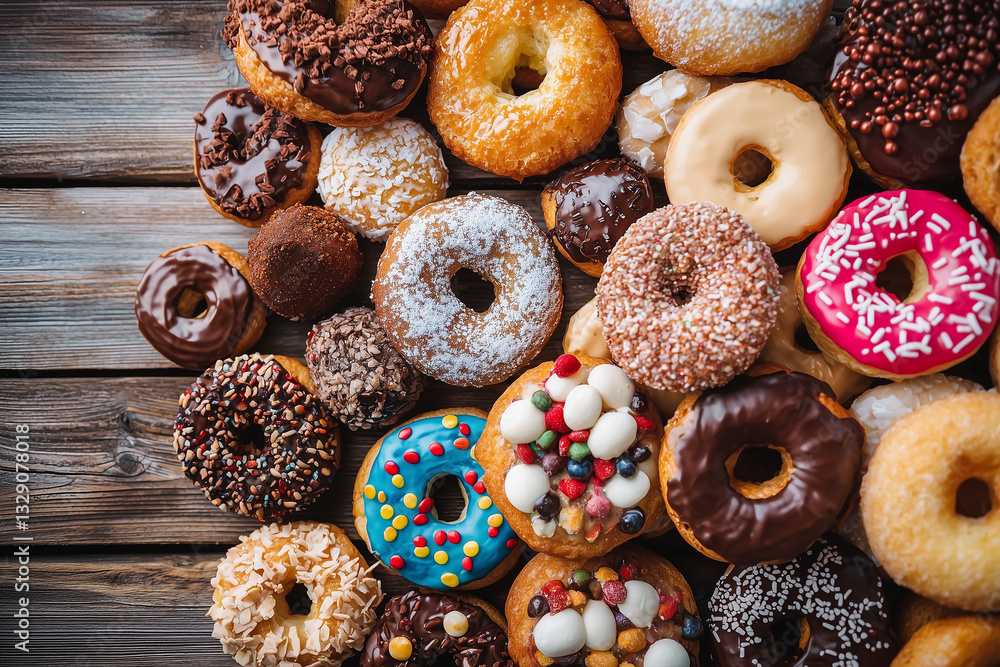 Poster variety of colorful donuts with different toppings are arranged on rustic wooden table, showcasing d