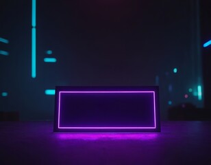 A sleek rectangular frame illuminated with vibrant purple neon light in a moody, futuristic setting.