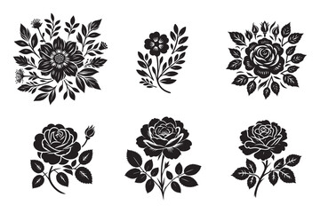 Fototapeta premium Elegant Black and White Rose silhouette set