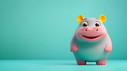 Happy cartoon hippo character in 3d animation with colorful background and joyful vibe