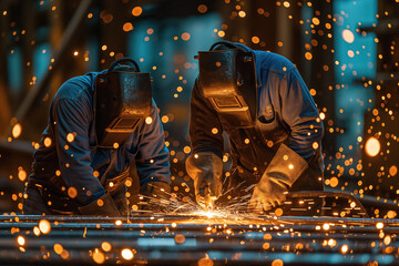 Two workers welding with sparks in industrial setting at night