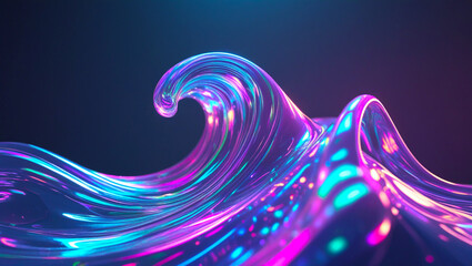 An Abstract liquid glass holographic iridescent neon curved wave in motion dark background 3d render. Gradient design element for banners, backgrounds