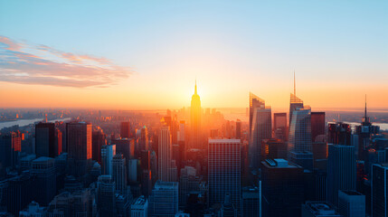 Fototapeta premium Sunrise over new york city skyscrapers urban landscape aerial view morning light