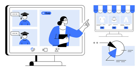 Screen displaying a live online class with teacher and students, storefront interface for e-commerce, and pie chart analytics. Ideal for education, e-commerce, virtual meeting, online collaboration