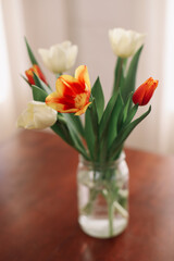Bouquet of beautiful fresh tulips in a glass vase on wooden table in cozy modern interior. Spring flowers in glass vase at home.