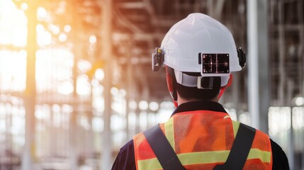 A smart helmet for construction workers, construction site with worker wearing helmet equipped with safety sensors, Tech style