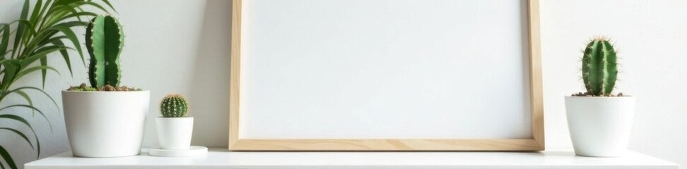 Elegant frame mockup, white desk, small cactus, bright setting, image, overhead, white