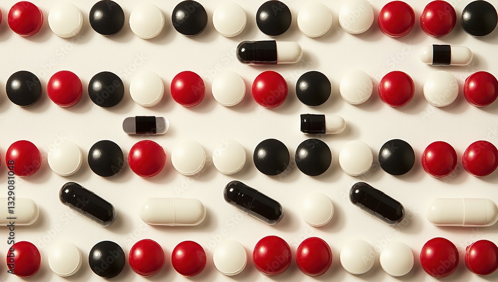 Poster colorful capsules and tablets arranged in rows, displaying various medications and dosage forms