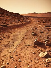 Fototapeta premium Trail on the Martian surface with reddish ground and a clear sky.