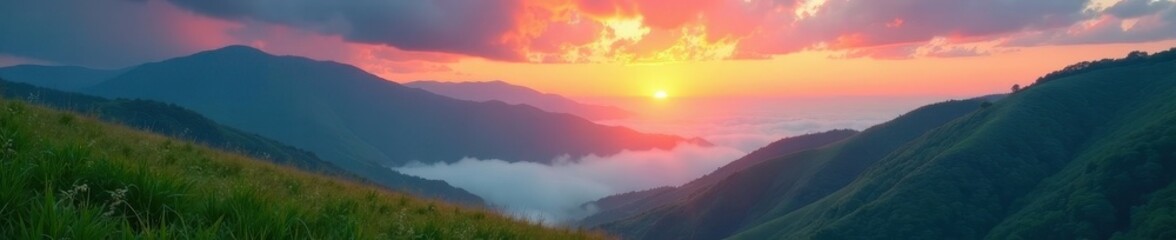 Obraz premium Fiery sky kisses emerald slopes, mystical fog drifts , wild, adventure
