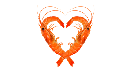 Two orange shrimps in heart shape isolated on transparent background Generative Ai.